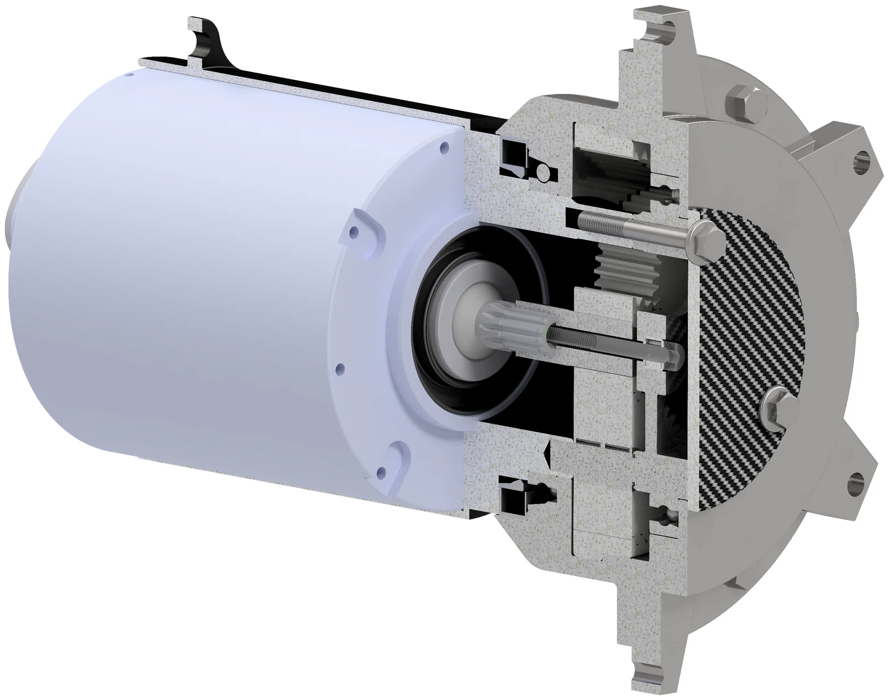 Half-section render of the in-hub epicyclic gearbox showing the planetary set and bearings