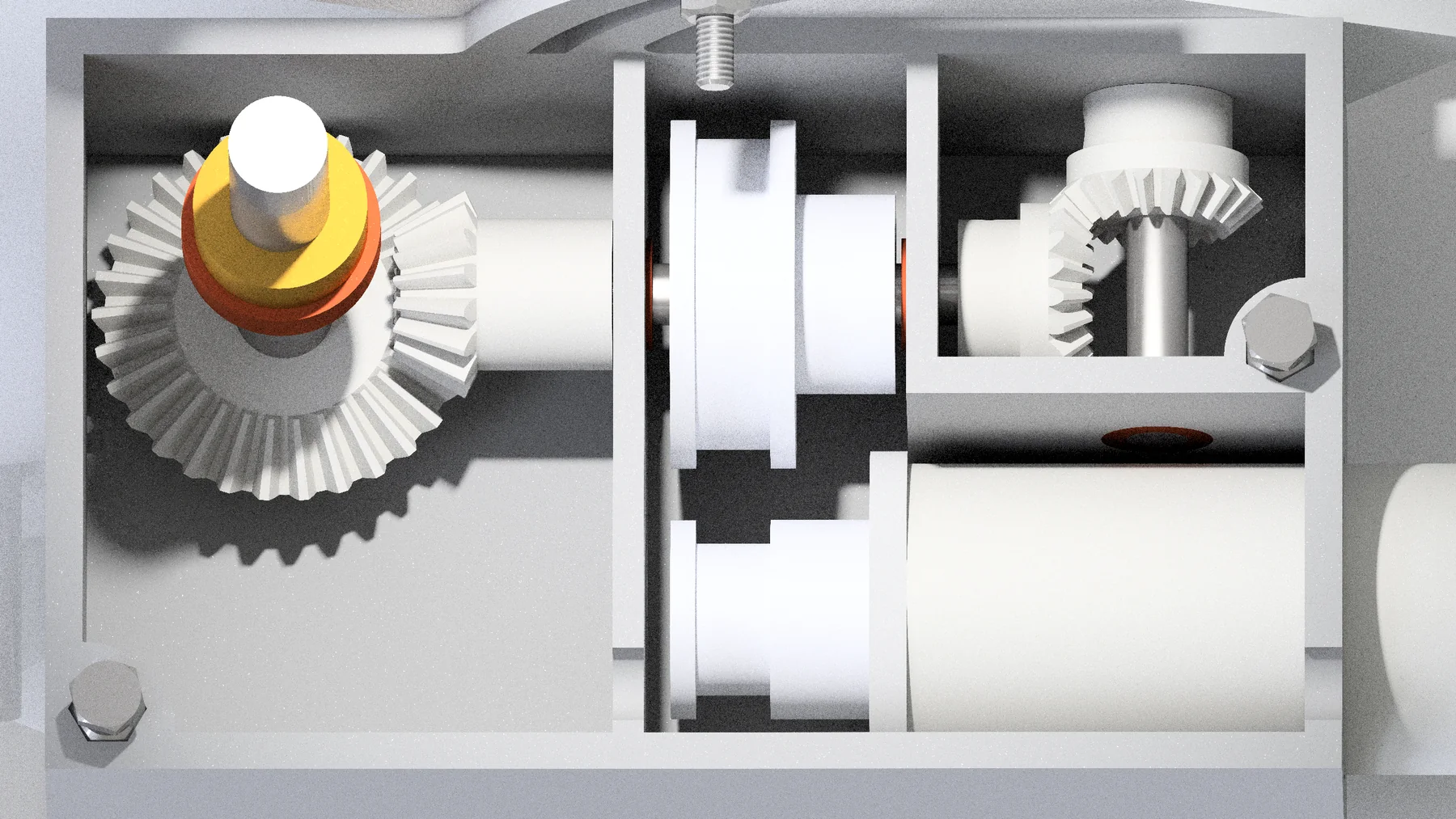 Close render of the launcher gearbox with the lid removed, showing the spur reduction and the bevel pair taking drive up to the cam shaft
