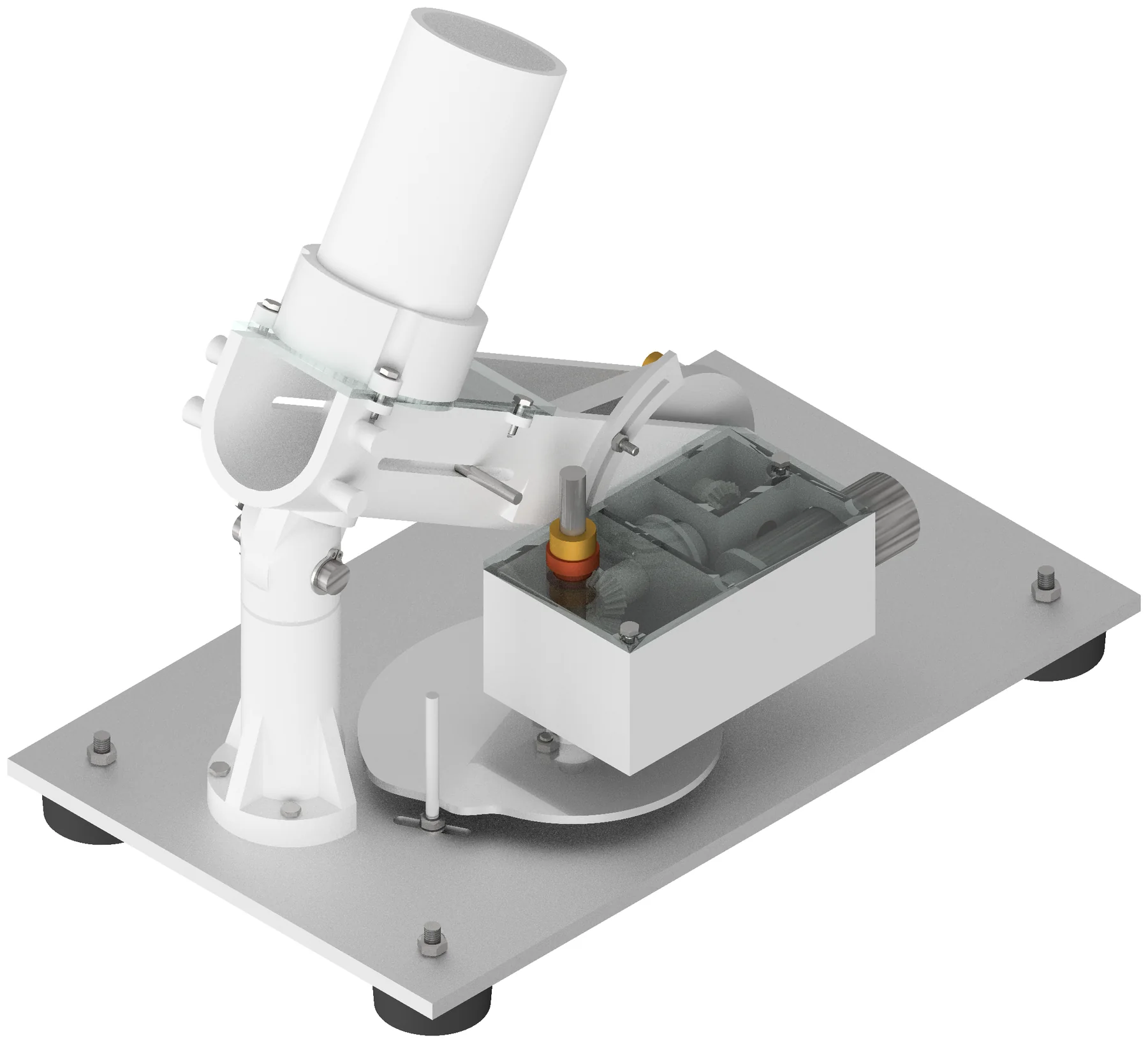 Isometric render of the ball launcher: shooting column on a pivot, gearbox case and base plate