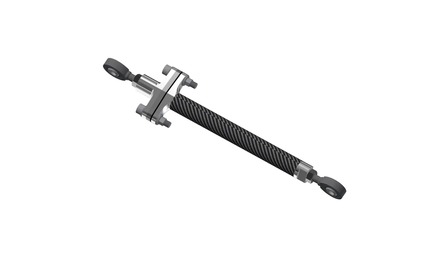 A CFRP pushrod separating into its parts: rod end, lock nut, bonded threaded insert, carbon tube, clevis, shim stack and clamp bolts