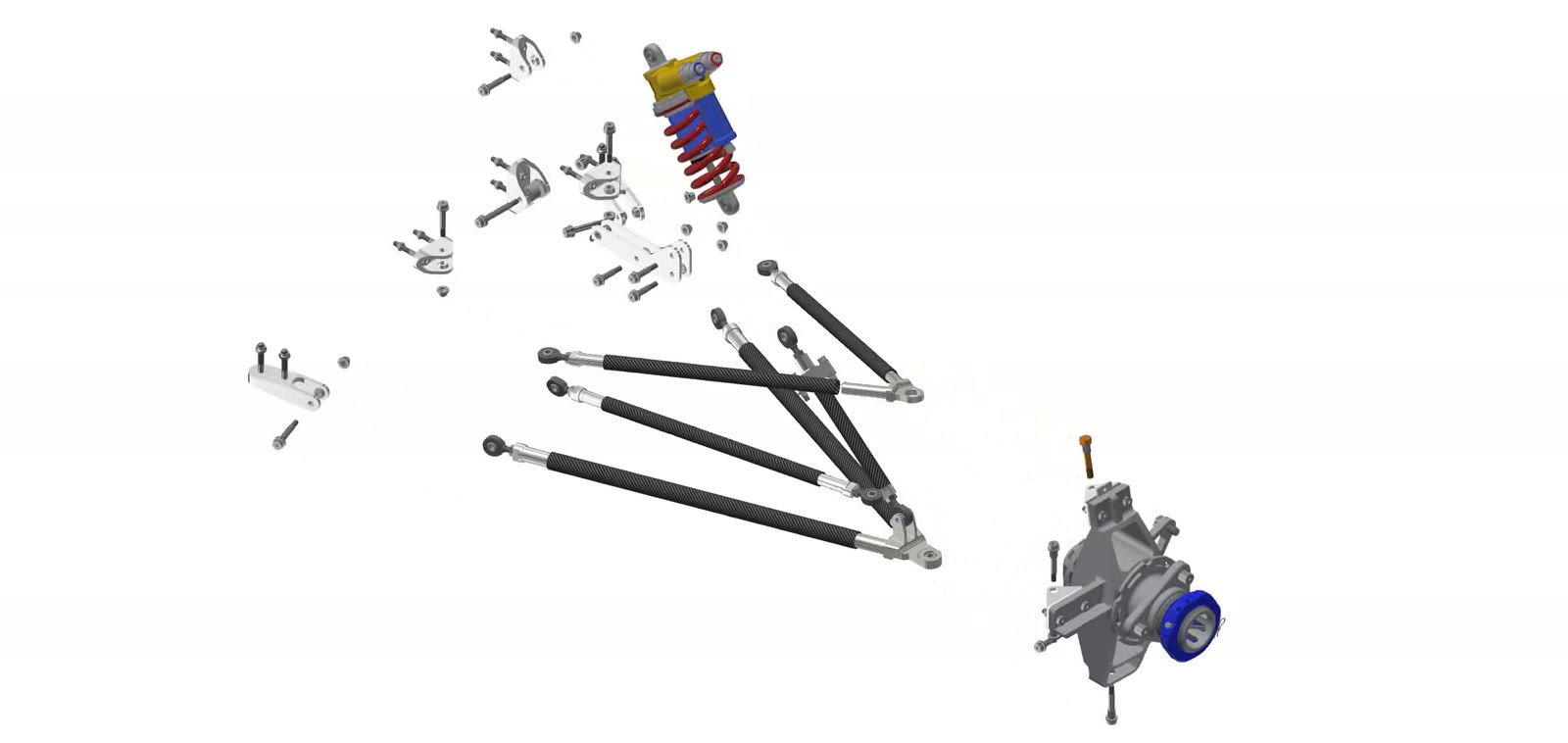 TBRe26 front corner assembly separating into its parts: upright, wishbones, pushrod, tie rod, damper and rocker