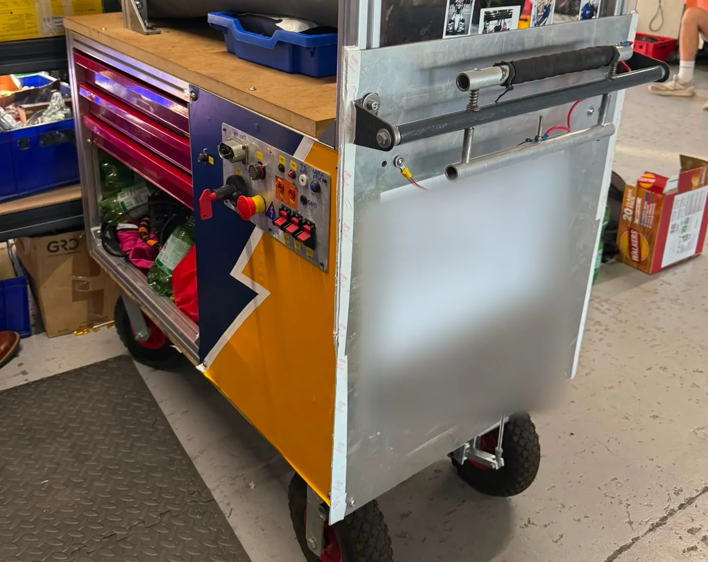 The finished charging trolley in the team garage
